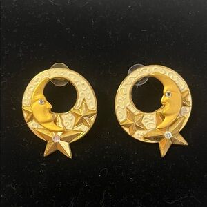 Vintage Chunky Gold Tone Moon and Star Earrings
